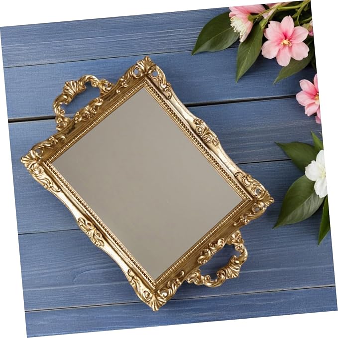 Healeved Nordic Style Golden Mirror Tray Vintage Carved Resin Decorative Storage Plate Wedding Dessert Table Makeup Organizer