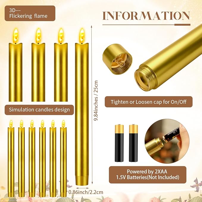 FillTouch 30 Pcs Gold Candlestick Holders with Flameless LED Candles Bulk Includes 15 Metal Candle Holders and 15 Battery Operated Gold Candles for Wedding Table Centerpieces Home Decor