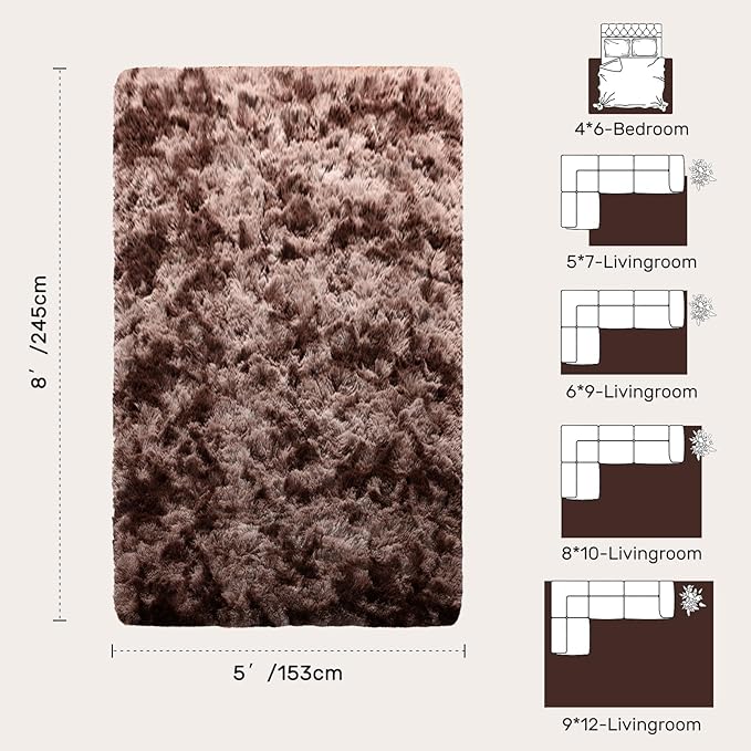 5x8 Brown Rugs for Living Room Fluffy Fur Bedroom Area Rug,Rustic Plush Non-Slip Dark Carpet for Book Room Office,Coffee Stain Resistant