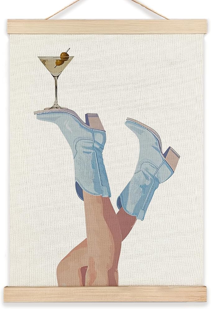 RYYCDOI Coastal Cowgirl Wall Art, Trendy Light Blue Cowgirl Boots Martini Wall Art Poster, Preppy Western Cocktail Wall Decor for Home Lounge Bar Pub Club Kitchen, Bat Cart Wall Decor, 12x16 Inches