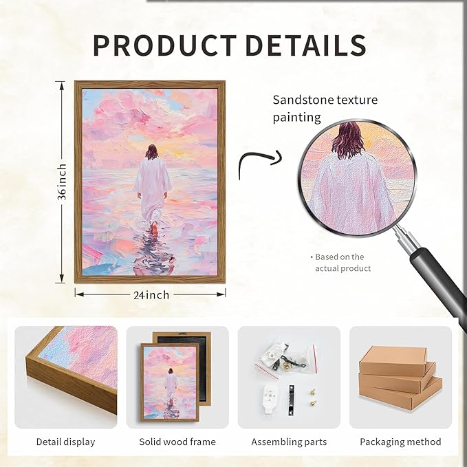 Pink Jesus Walking On Water Wall Art, Frame 3D Textured Hand Drawn Sandstone Christian Wall Decor Paintings Religious Savior Pictures for Living Prayer Room Bedroom, 24x36 in Wood Framed