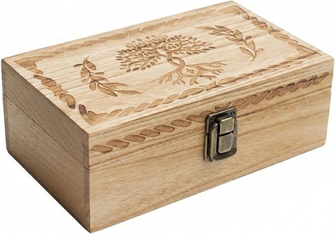 Keepsake Box 7.8" Vintage Wooden Box with Hinged Lid - Decorative Small Memory Chest for Women & Girls, Wooden Jewelry Box with Hand-Engraved Tree of Life