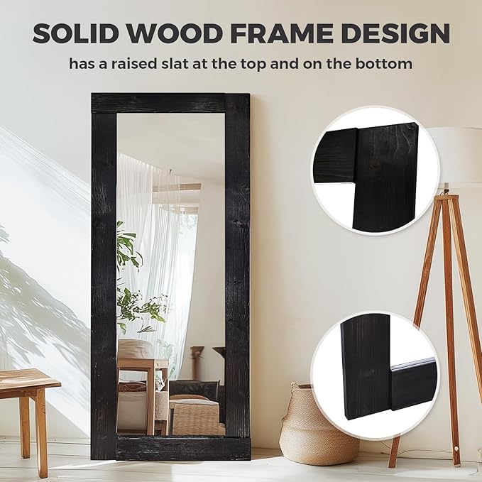 Full Length Mirror 65"x24" – Solid Wood Frame, HD Tempered Glass, Wall Mounted & Leaning, Rustic Modern Decor for Bedroom, Living Room, Entryway, Black