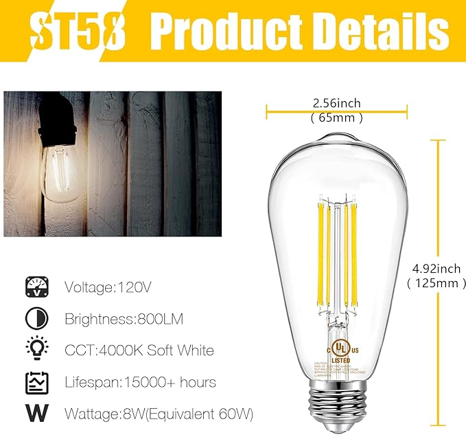DAYBETTER 16 Pack Vintage LED Edison Bulbs, E26 Led Bulb 60W Equivalent, Dimmable Led Light Bulbs, High Brightness 800 LM Neutral White 4000K, ST58 Antique Filament Bulbs, Clear Glass Style for Home