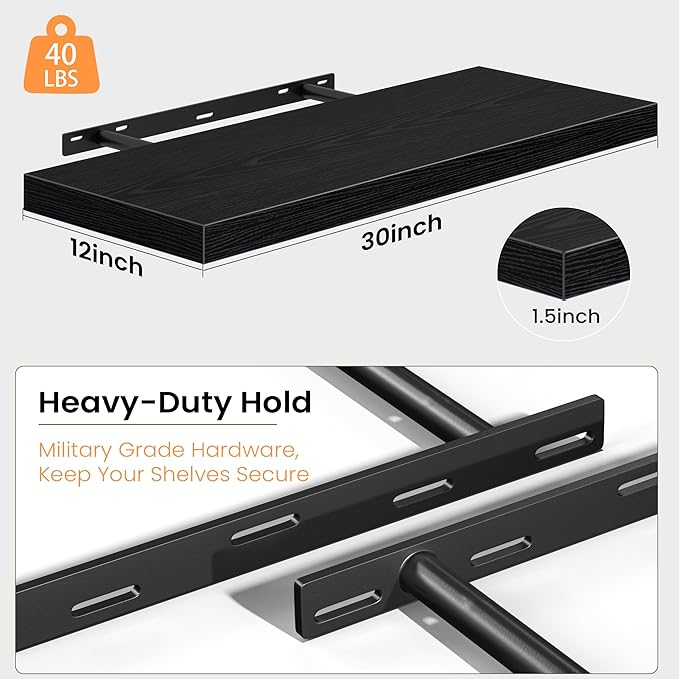 Fun Memories Black Floating Shelves - 2 Pack 30 Inch Long Rustic Wooden Wall Shelves - 12 Inch Deep Wall Mounted Storage Shelf with Invisible Heavy-Duty Brackets for Books, Bathroom, Kitchen