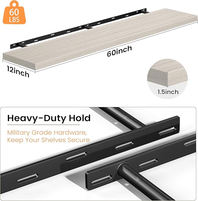 12 Inch Deep Floating Shelves, 60W x 12D Floating Shelf for Books, Rustic Wood Deep Wall Shelves for Home Storage & Display, 1.5" Thicked Shelves for Kitchen, Living Room, Bedroom, Gray, 2 Pack