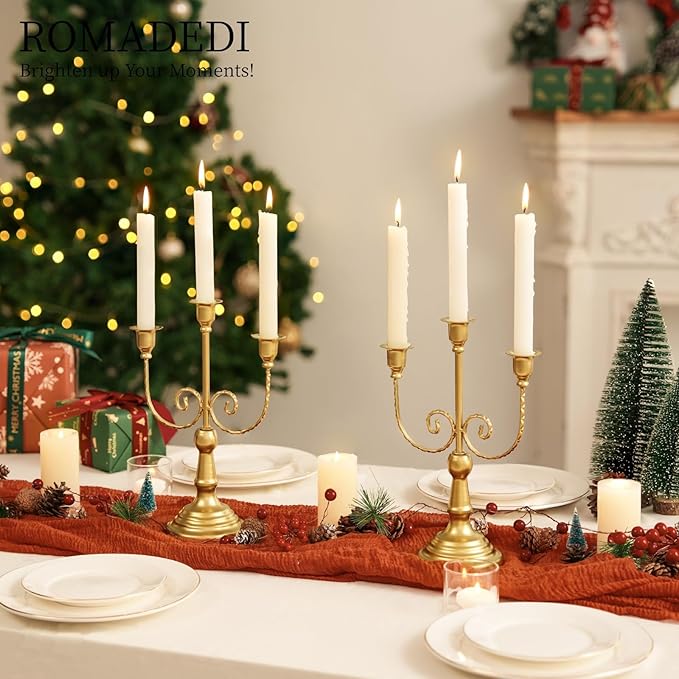 Romadedi Candelabra Gold Candle Holders - 3 Arm 11.8" Wedding Candlestick Holder for Theme Party Table Centerpiece Decor Dining Room Birthday Holiday Christmas, Set of 6