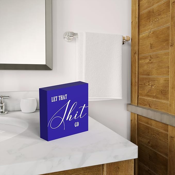 Funny Bathroom Decor Blue Wood Box Sign, Humorous Farmhouse Toilet Sign with Quote, Restroom Shelf Decor for Guest Bath, Tabletop Countertop