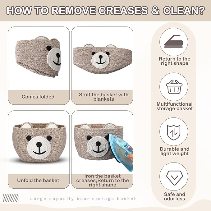 Zopeal Easter Bear Basket 13" D x 9.5" H for Nursery Cotton Rope Woven Bear Gift Empty Storage Basket with Handles Animal Hamper for Baby Shower Laundry Bathroom Home Decorative
