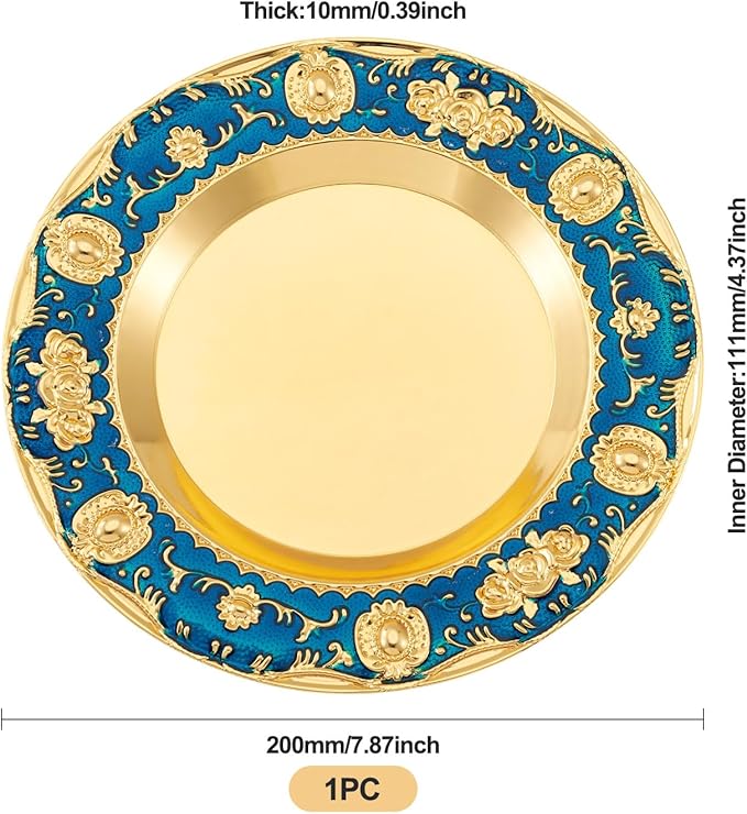 1pcs Golden Serving Tray for Party 4.8" Vintage Round Decorative Plate Tray Jewelry Makeup Organizer Dishes Bathroom Vanity Tray for Gift Wedding Coffee Table Dessert Christmas 20 cm (Blue)