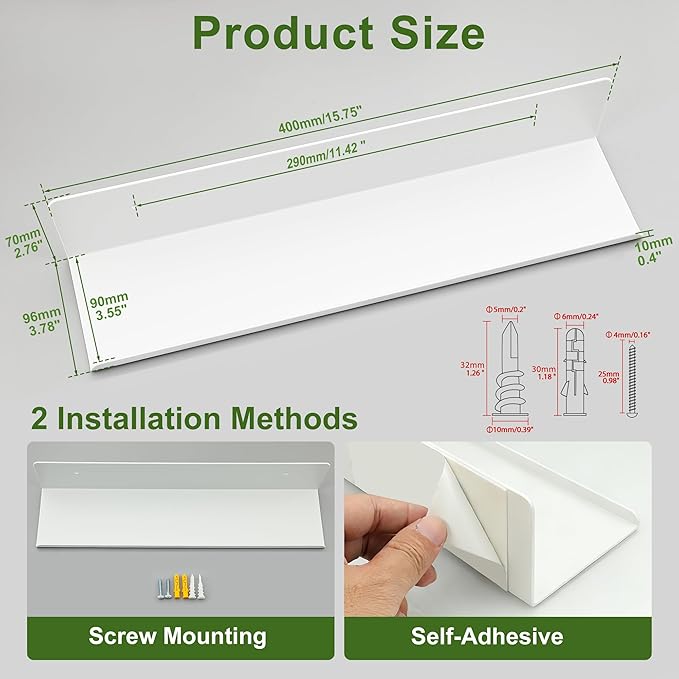 SAYAYO White Floating Shelves for Wall Storage, 16 Inch Screw or Self Adhesive Wall Shelves for Bedroom Decor, Display Bathroom Shelf Organizer for Kitchen, Living Room, Office, 2pcs