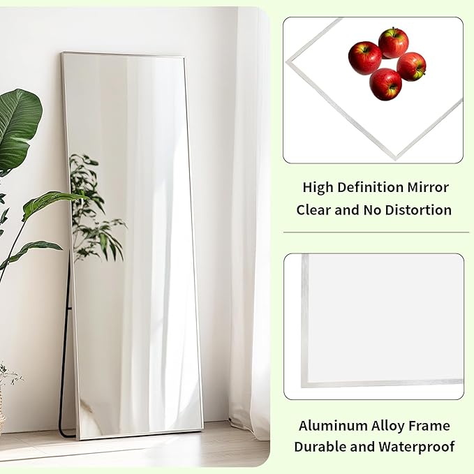 Sunniry Full Length Mirror, Stand Up Mirror with Aluminum Metal Frame, Standing Mirrors for Bedroom, Livingroom, Bathroom, Hallway, Cloakroom, Wedding. (56x16 inch, Silver)