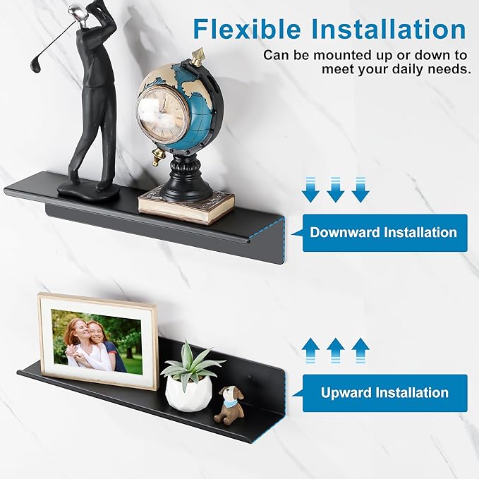SAYAYO Black Floating Shelves for Wall Storage, 16 Inch Screw or Self Adhesive Wall Shelves for Bedroom Decor, Display Bathroom Shelf Organizer for Kitchen, Living Room, Office, 2pcs