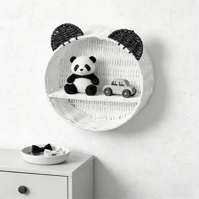 Panda Nursery Decor Wall Shelf, Handwoven Wicker Nursery Shelves for Wall, Wall Mounted Shelf for Small Books, Toys & Decor