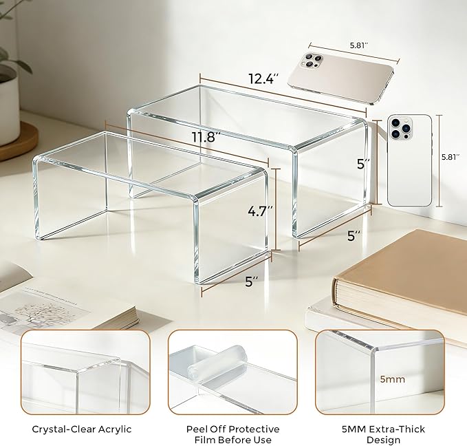 Large Acrylic Risers 4 Pack - 12.4" Clear Display Risers, 5mm Thick Acrylic Display Stands for Collectibles, Perfume Organizer, Cupcake Stand & Retail Showcase