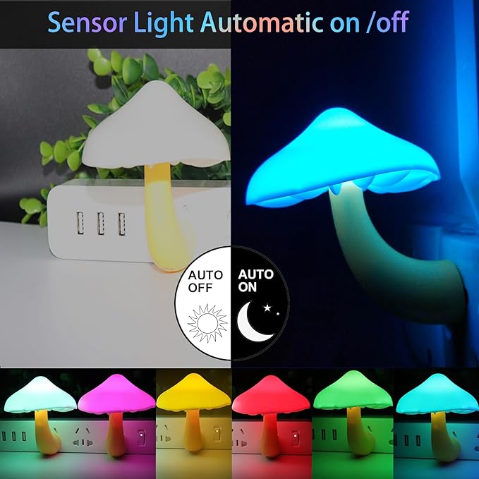 AUSAYE 5Pack Sensor LED Night Light Plug in Lamp 7 Color Changing Mushroom Light Cute Night Lights for Adults Kids NightLight Bedroom,Bathroom,Toilet,Hallway,Stairs,Kitchen,Basement