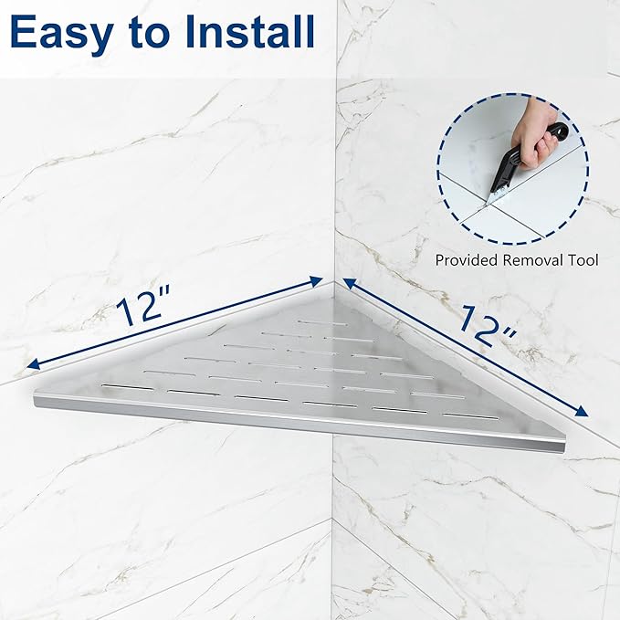 Qeke Corner Shower Shelves, 12” Recessed Tile Shower Shelf, 304 Stainless Steel Grout in Corner Tile Shower Shelves, No Drilling, Brushed Nickel, 2 Pack
