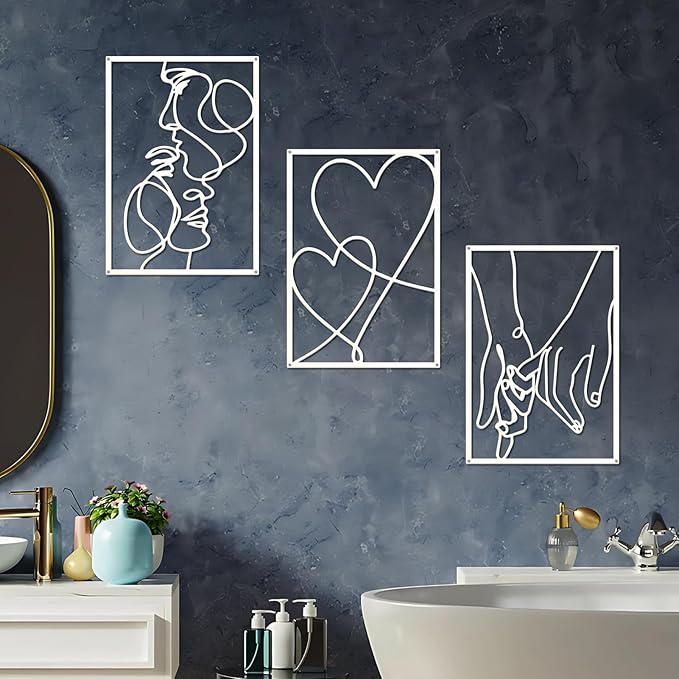 ESTART 3 Pieces Metal Minimalist Line Wall Art, Valentine's Day Lover Kiss Hand Metal Wall Decor, Aesthetic Modern Home Hanging Wall Art Decor for Bedroom Living Room (White)
