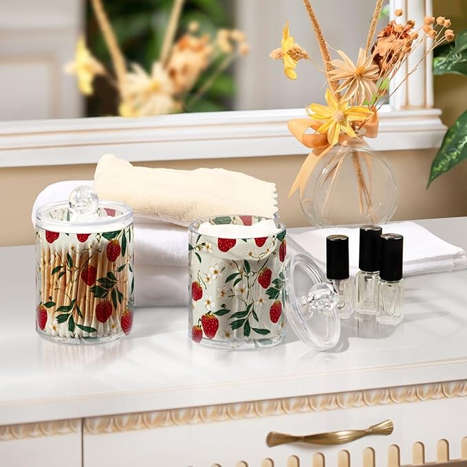2 Pack Apothecary Jars Cheerful Strawberry Star Pattern Bathroom Vanity Storage Organizer Set,Small Clear Plastic Storage Jars Bathroom Canister for Cotton Swabs, Rounds, Balls, Qtips,Makeup Sp