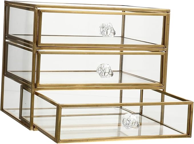 3-Tier Drawer Jewelry Storage Box Glass Organizer Alloy Frame for Necklaces Bracelets Earrings and Cosmetics for Home or Travel