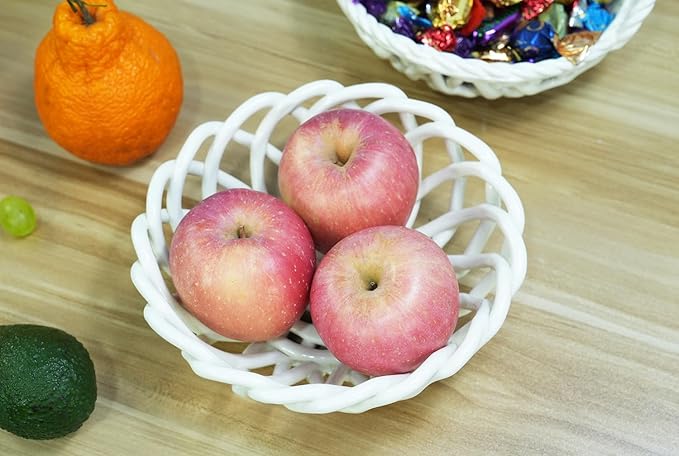 Modern Fruit Basket Storage for Kitchen Countertop Handmade White Ceramic Decorative Bowl Holder for Bread Snack Veggies Home Kitchen Décor,Stylish Key Bowl for Entry Table (W, M)