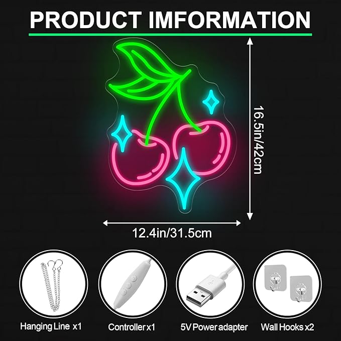 Cherry Bling Neon Sign Aesthetic LED Wall Light for Bedroom Bar Sign, Cute Fruit LED Light, Retro Vintage Dormitory Room Decor, Gift for Her, 16.5"x12.4"