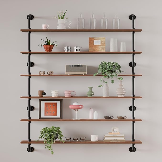 HDDFER 48 InchPipe Bookshelf Floating Shelves for Wall Shelves Bookshelf Industrial Pipe Shelving Shelves Real Wood Planks Rustic Hanging Shelves Farmhouse Kitchen Bar Shelving