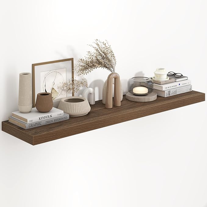 Fun Memories 48 Inch Floating Shelves, 9.3 Inch Deep Wall Shelves for Bathroom, Living Room, Bedroom, Kitchen, Deep Long Shelf Wall Mounted 1 Pack Shelf for Books, Decor, Walnut