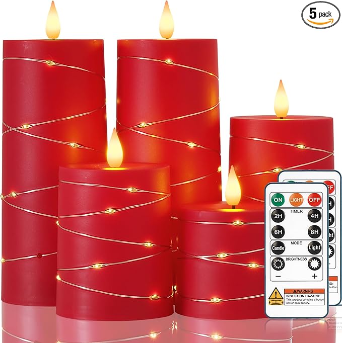Raycare Flameless Candles with Remote Timer, Flickering Battery Operated LED Pillar Fake Candle with String Lights for Home Decor, Christmas, Wedding and Gift, Red, Set of 5