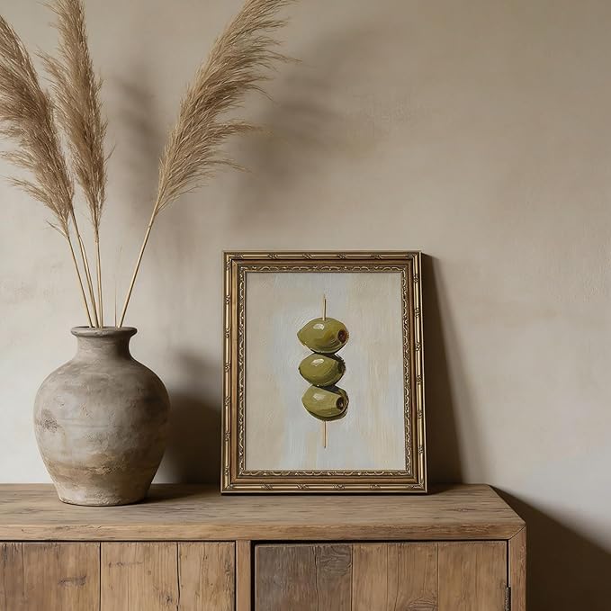 Gold Framed Wall Art Vintage Dirty Martini Olives Wall Art Retro Green Olives Cocktail Bar Cart Wall Decor Picture Summer Trendy Minimalist Kitchen Poster Print for Living Room Dining Room 9x11in