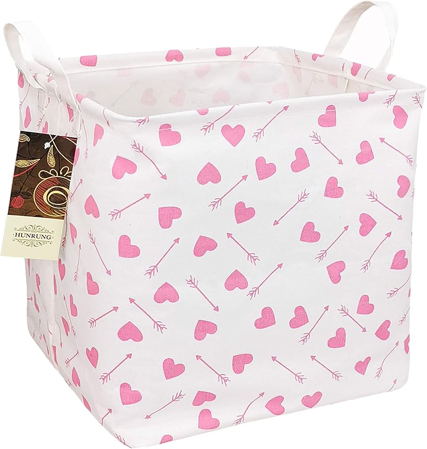 HUNRUNG Square Storage Bins Nursery Hamper Canvas Laundry Basket Foldable with Waterproof Nursery Boxes for Shelves/Gift Baskets/Toy Organizer/Office, Bedroom (Square-Pink-heart-arrow)