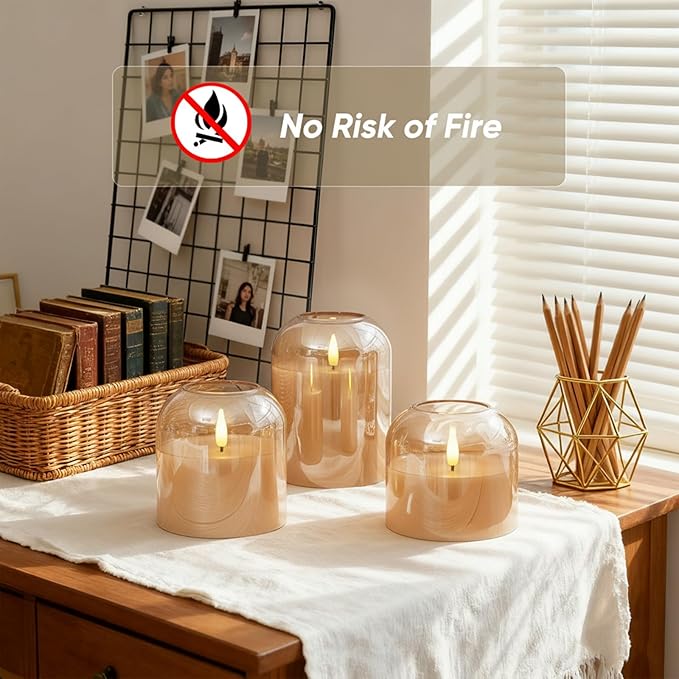 Homemory Glass Flameless Candles, Battery Operated Plliar Candles Realistic Flickering, LED Electric Light with Remote and Timer for Home, Christmas Decoration, Gold, Set of 3