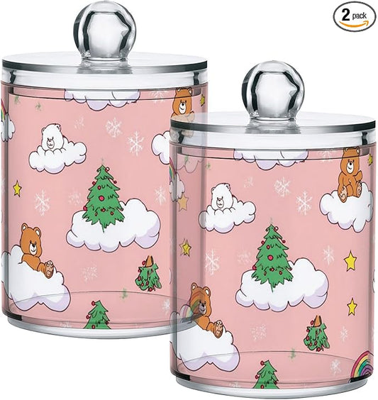 2 Pack Apothecary Jars Cute Pink Bear Cloud Bathroom Vanity Storage Organizer Set,Small Clear Plastic Storage Jars Bathroom Canister for Cotton Swabs, Rounds, Balls, Qtips,Makeup Sponges, Floss