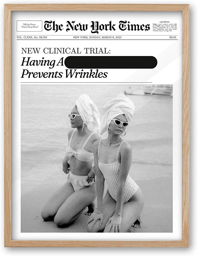 iHery Funny Having A Prevents Wrinkles Framed Trendy Hot Girls NewsPaper Wall Art, Natural OAK Wood 12x16in Canvas Wall Art,Retro Magazine Vintage Bar Cart Living Room Home Décor 1Pack