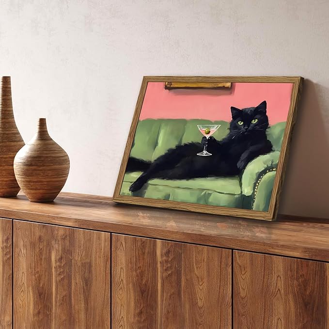 Funny Black Cat Martini Wall Art, Bar Cart Decor, Eclectic Cocktail Painting Canvas Print, Cute Animal Artwork Picture for Bedroom Living Room Kitchen 16x24 inch Wood Framed