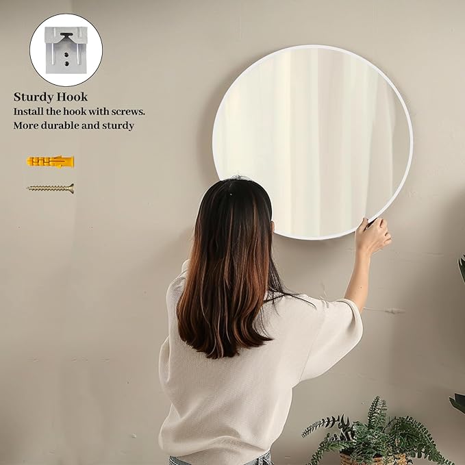 Sunniry White Round Mirror, White Circle Mirror 24 inch, Matte Metal Frame Round Mirrors, Circle Mirrors for Bathroom, Living Room, Bedroom, Hallway.