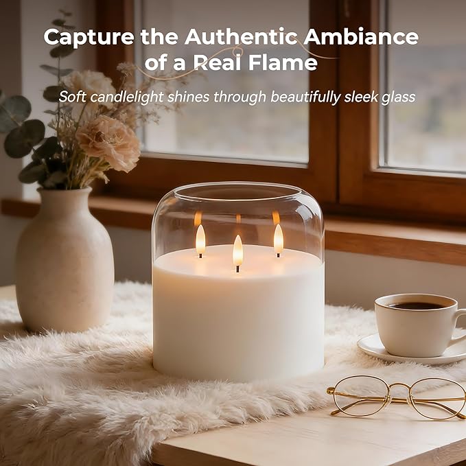 3 Wick Glass Flameless Candle with Remote and Timer, 6"x6" Extra Large Real Wax LED Pillar Candle Battery Operated with 3D Flickering Flame for Festival Wedding Home Party Decor (Clear)