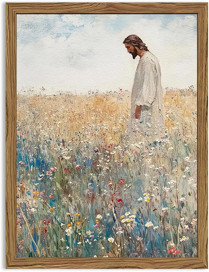 Jesus Leaves the 99 Sheep Wall Art, 3D Textured Hand Drawn Sandstone Christian Inspirational Wall Decor Paintings, Religious Wildflowers Pictures for Living Prayer Room Bedroom 16x24 inch Framed