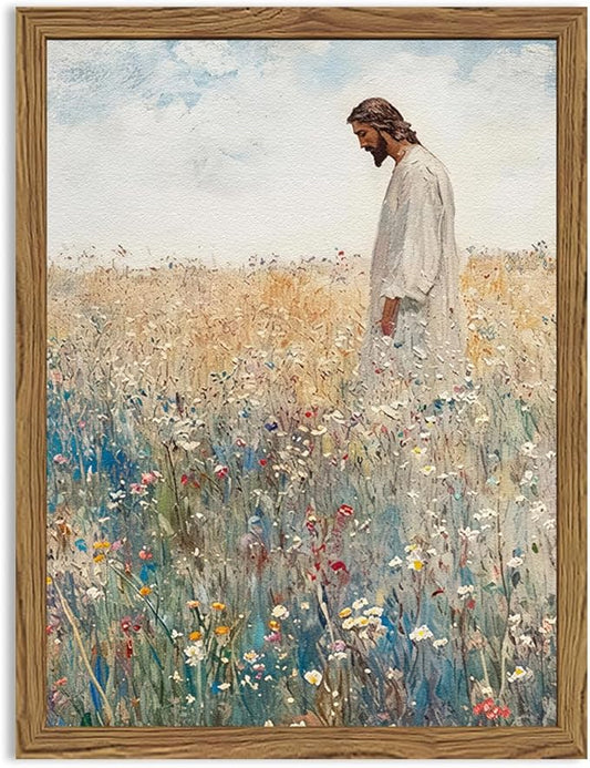 Jesus Leaves the 99 Sheep Wall Art, 3D Textured Hand Drawn Sandstone Christian Inspirational Wall Decor Paintings, Religious Wildflowers Pictures for Living Prayer Room Bedroom 12x16 inch Framed