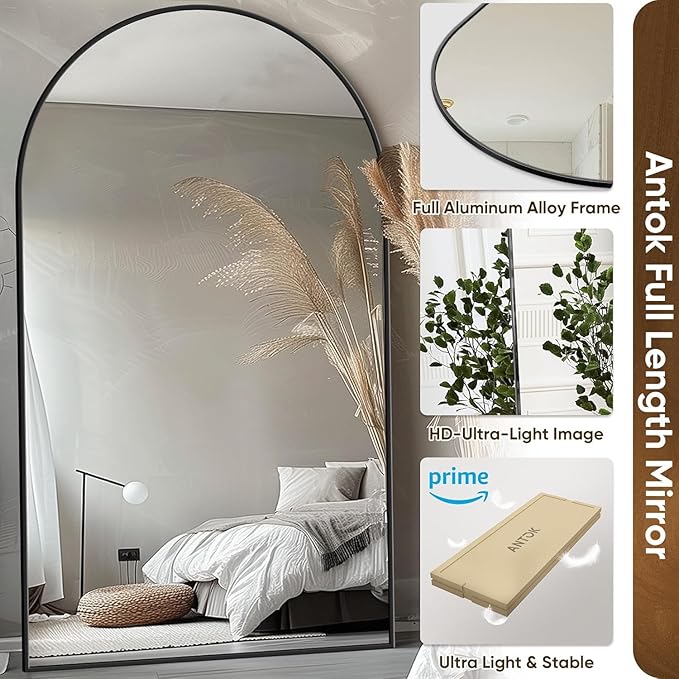 Antok 76" x44” Arched Full Length Floor Mirror, Black Aluminum Frame, Free Standing/Wall Mount/Leaning for Bedroom, Living Room, Dressing Room