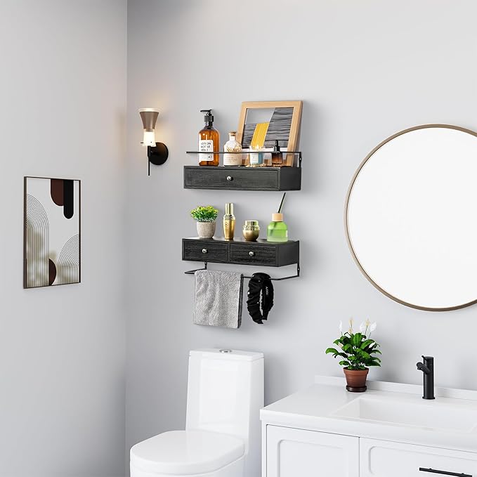 DreamPossible Floating Shelves - Wall Mounted Bathroom Shelf Set of 2 with Drawers, Rustic Wood Shelves for Bedroom, Living Room, Kitchen, Home Decor, Plants, Books (Black)