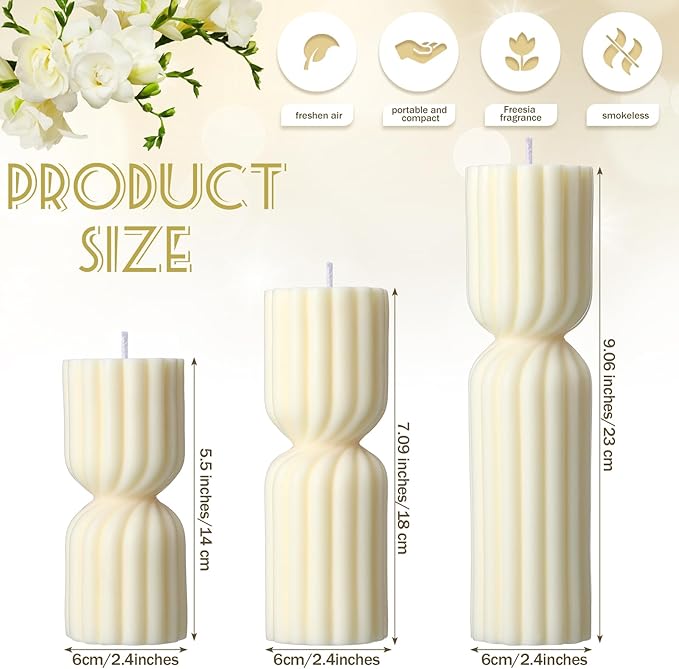 Conelist Ribbed Pillar Candles Set of 3 Width 2.4" High 5.5" 7" 9" Handmade Scented Soy Wax Candle Natural Aesthetic Candles Housewarming Gift Decorative Candles for Home Decor(White)
