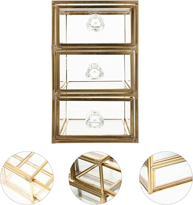 DOITOOL Drawer Jewelry Storage Box with Alloy Frame Transparent Glass Display Case for Small Accessories Versatile Makeup and Office Organizer Space-saving Compact Design for Home and Dorm