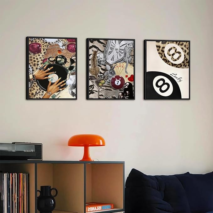 Fashion Cheetah Wall Art Set of 3 Leopard Wall Decor Pictures Lucky 8 Ball Poster Canvas Painting Prints Dark Red Cheetah Artwork for Bedroom Living Room 16x24 inch Black PS Framed