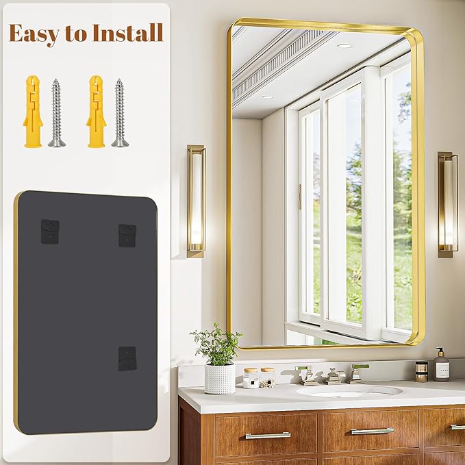 Bathroom Mirrors for Over Sink 30 x 48 Inch Rounded Corner Rectangle Bathroom Vanity Mirror Bathroom Mirror for Wall Hangs Horizontally or Vertically for Living Room Bedroom Entryway Gold