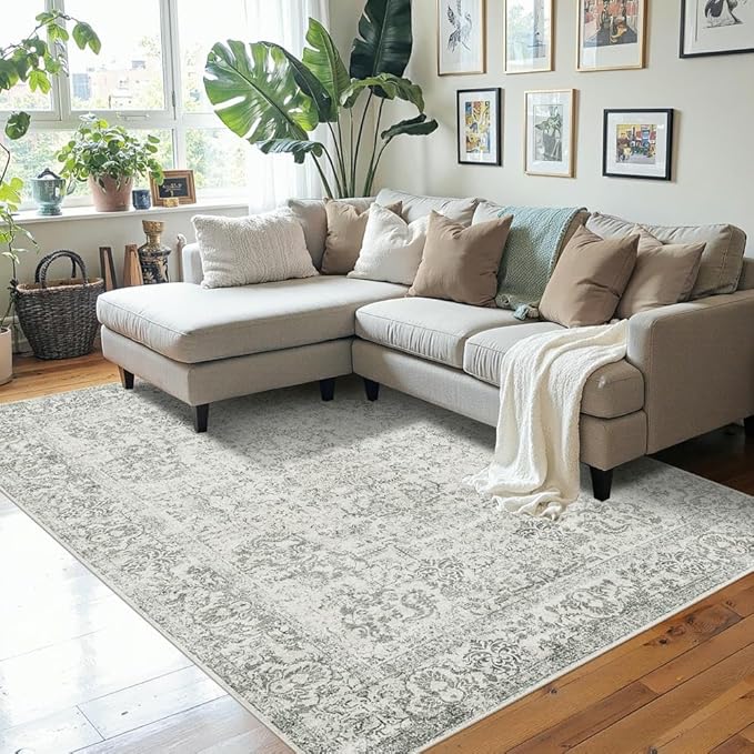 Rugxara Washable Area Rug for Living Room, Neutral Vintage Boho Rugs for Office, Dining Room, Kids Room, Farmhouse, Durable Low Pile Non Slip Carpet for High Traffic Areas, Light Grey(4x6 ft)