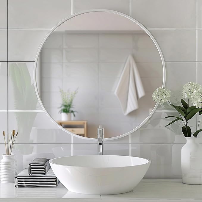 Sunniry White Circle Mirror, Round Mirror 20 inch, White Round Mirrors Matte Metal Frame, Circle Mirrors for Bathroom, Bedroom, Living Room, Hallway.