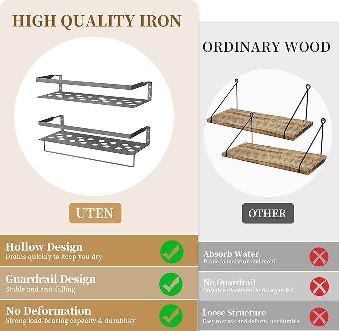 Uten Floating Shelves, Wall Mounted Iron Shelves Set of 2, Bathroom Storage Iron Shelves with Towel Rack, Wall Hanging Organizer Decor Shelf for Bathroom, Kitchen, Bedroom, Living Room
