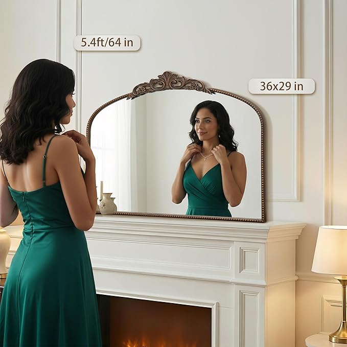 Micasso Bronze Vintage Arched Mirror: 29x36 in French Baroque Antique Wall Mounted Mirror - Traditional Ornate Decorative Mirror for Mantle/Fireplace/Living Room/Bedroom/Entryway/Hallway/Wall Decor