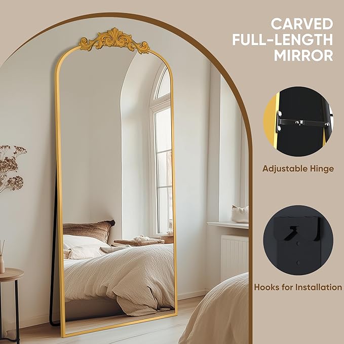 Antok Arched Full Length Mirror, 65"x22" Floor Mirror with Carved, Full Body Mirrors for HomeDecor, Standing/Halling Large Wall Mirror for Bedroom, Living Room, Cloakroom, Gold, Retro Style
